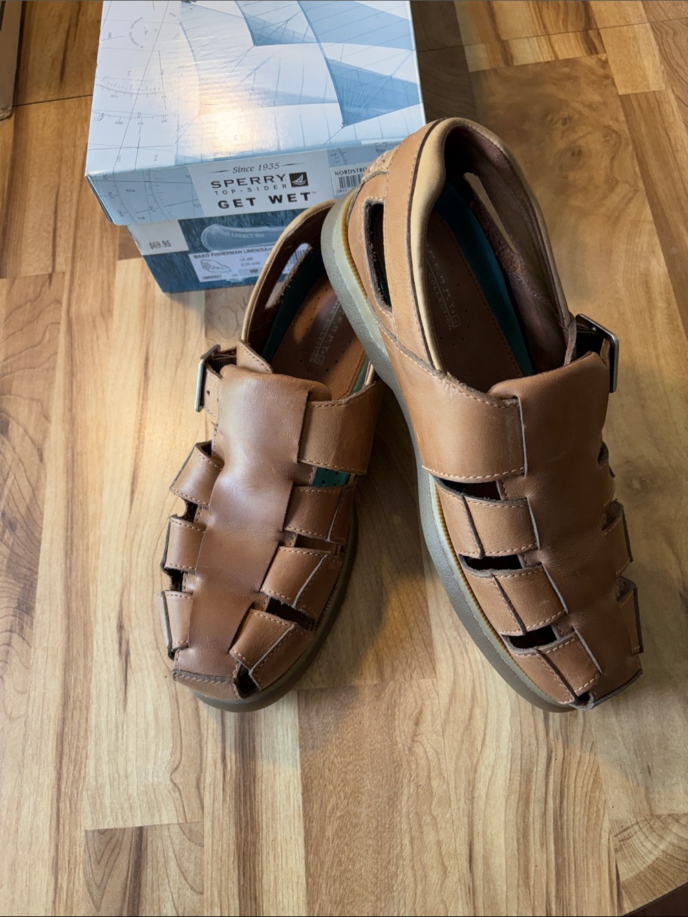 Sperry Men’s Tan Leather Fisherman Sandals with Buckle Size 9